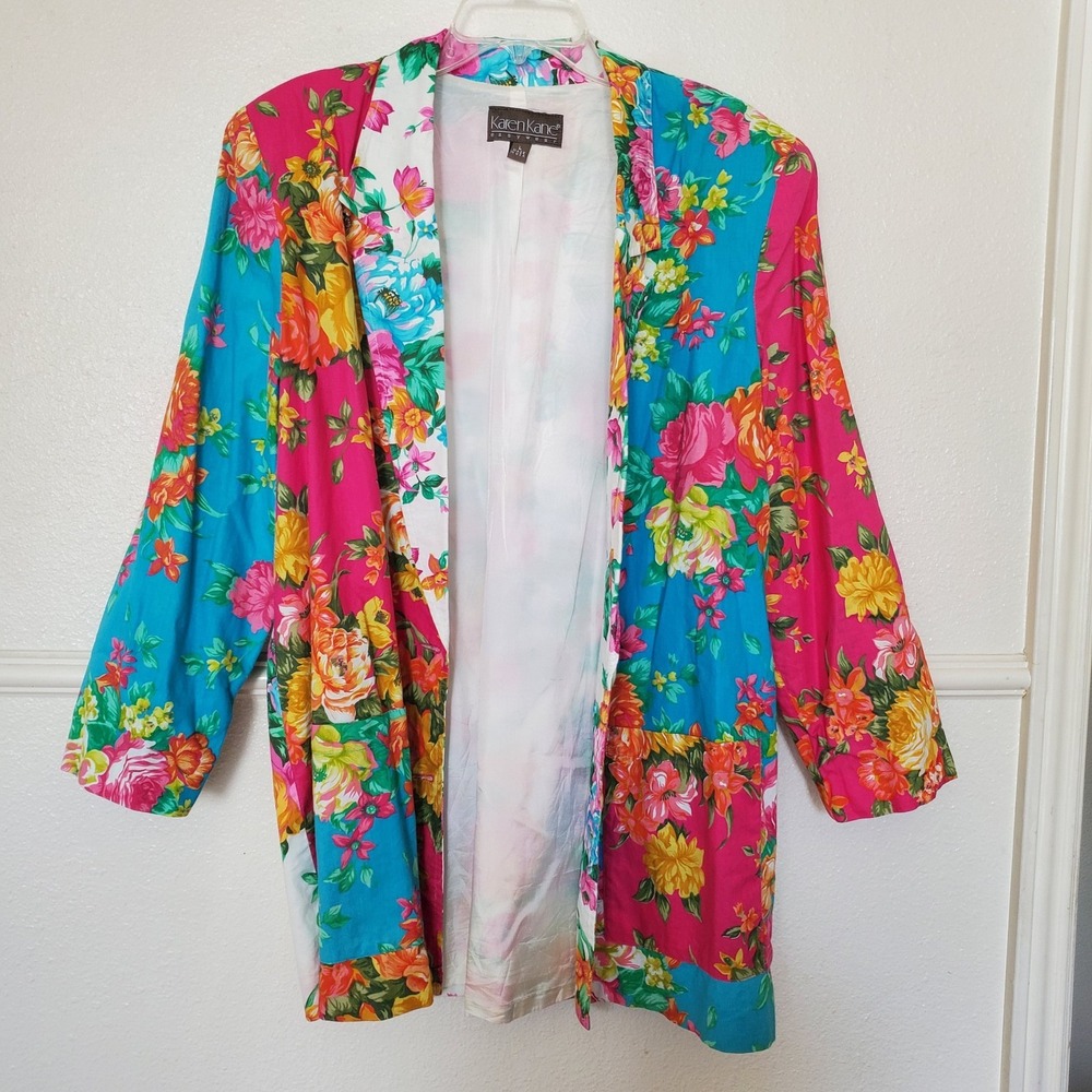 Karen Kane Women's Floral Patchwork Blazer Jacket L Made in USA Vibrant Cotton